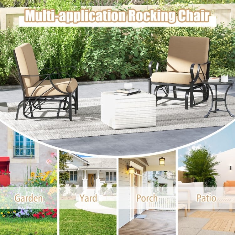 Patio glider rocking chair with tan cushion and curved armrests, perfect for outdoor relaxation in gardens or patios.