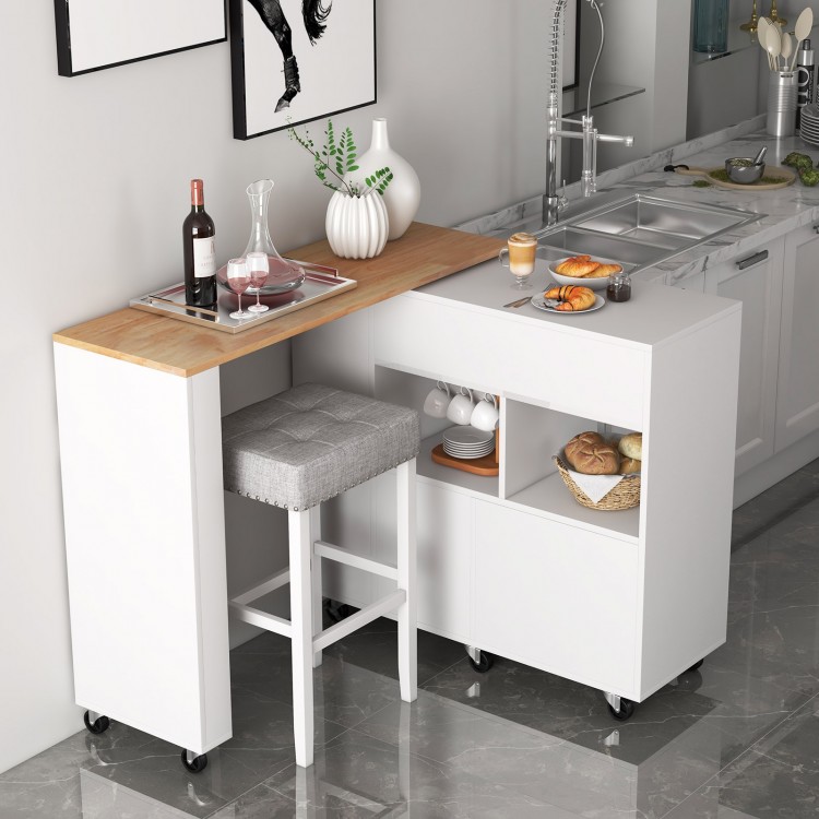 Reversible folding kitchen island cart with rubber wood countertop, wine rack, and adjustable shelves for versatile use.