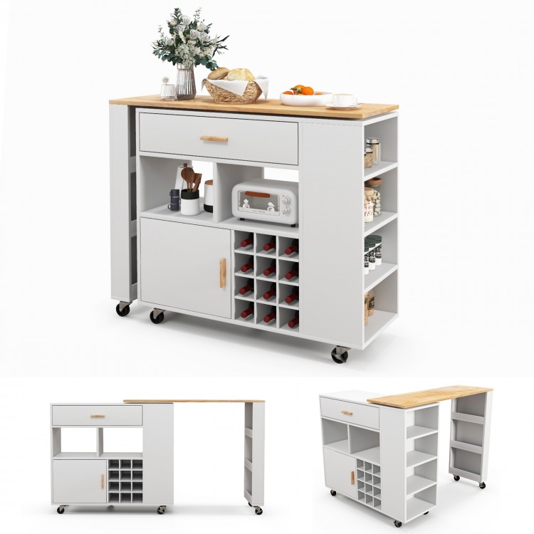 Folding kitchen island cart featuring a large drawer and 5-tier shelves, ideal for kitchen organization and mobility.