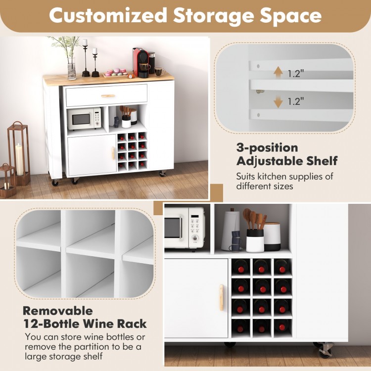 Reversible folding kitchen island cart with adjustable shelves, removable wine rack, and spacious countertop for.
