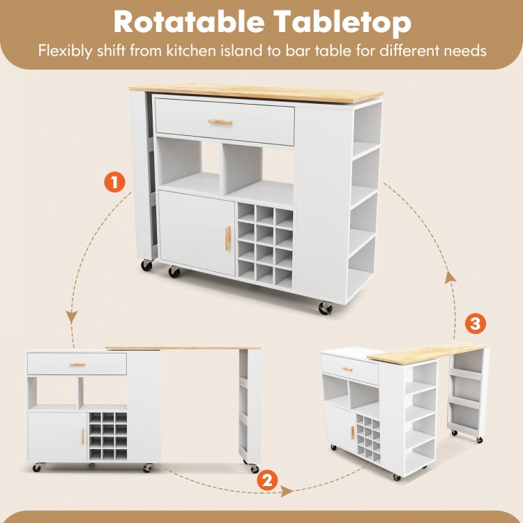 Reversible folding kitchen island cart with rotatable tabletop, wine rack, and adjustable shelves for versatile use.