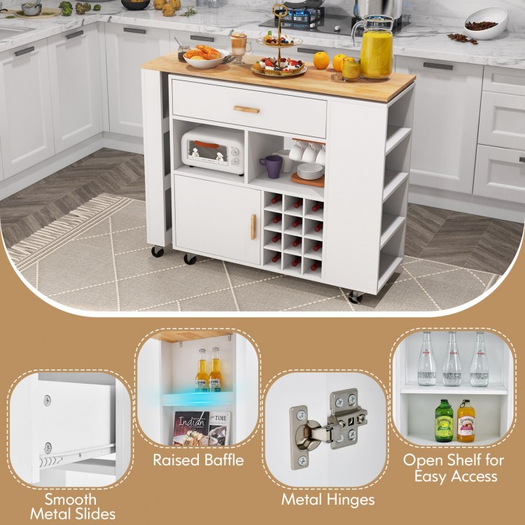 Reversible folding kitchen island cart with a rubber wood countertop, wine rack, and adjustable shelves for versatile.