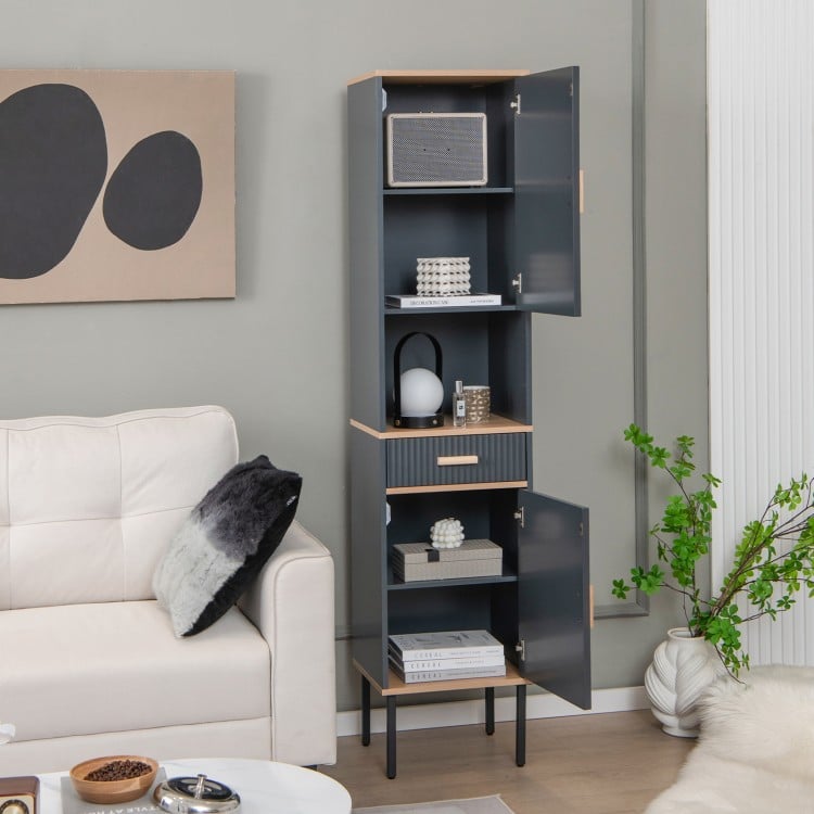 Narrow gray free-standing bathroom cabinet with doors and drawer, featuring adjustable shelves for versatile storage.