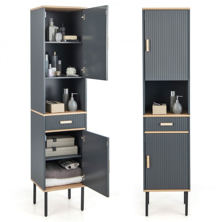 Narrow gray free-standing bathroom cabinet with a smooth drawer guide rail, ideal for organized storage in any room.