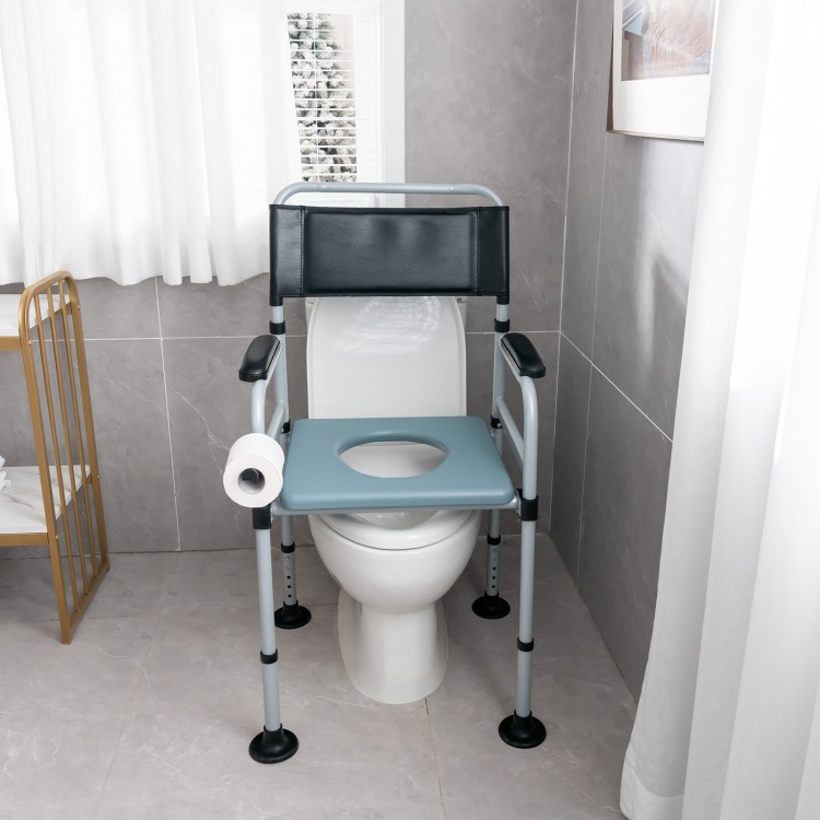 Folding bedside commode chair with adjustable height, detachable bucket, and towel holder for convenience and stability.