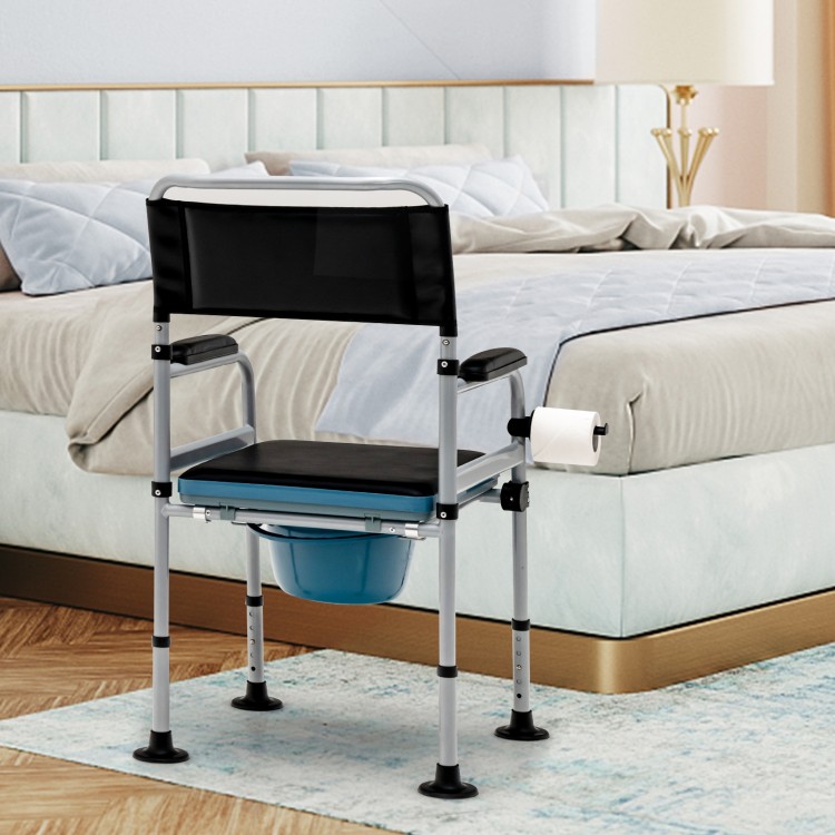 Detachable bucket and towel holder on a 4-in-1 folding bedside commode chair with adjustable height for convenience.