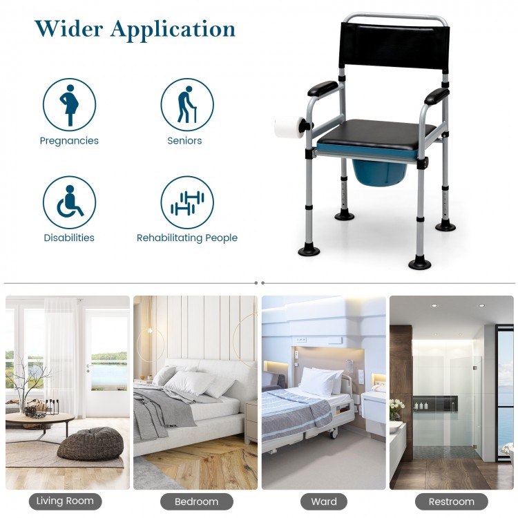 4-in-1 folding bedside commode chair with detachable bucket, adjustable height, and ergonomic armrest for versatile use.