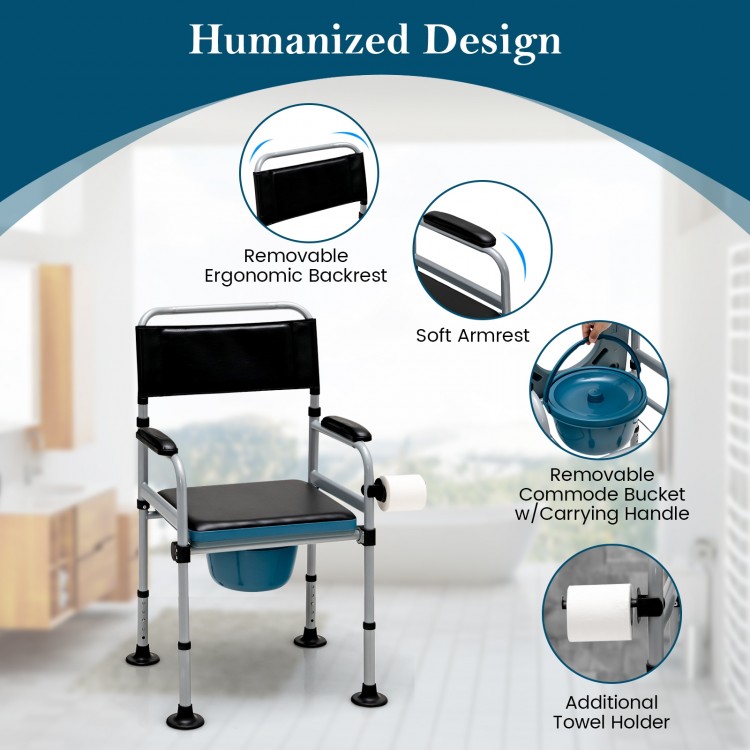 Folding bedside commode chair with detachable bucket, ergonomic backrest, and towel holder for versatile use.