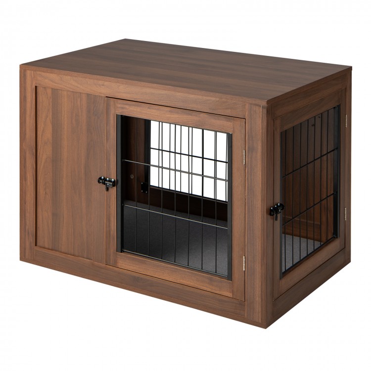 Furniture dog crate in walnut finish with double doors and cushion, serving as a stylish side table for pets.