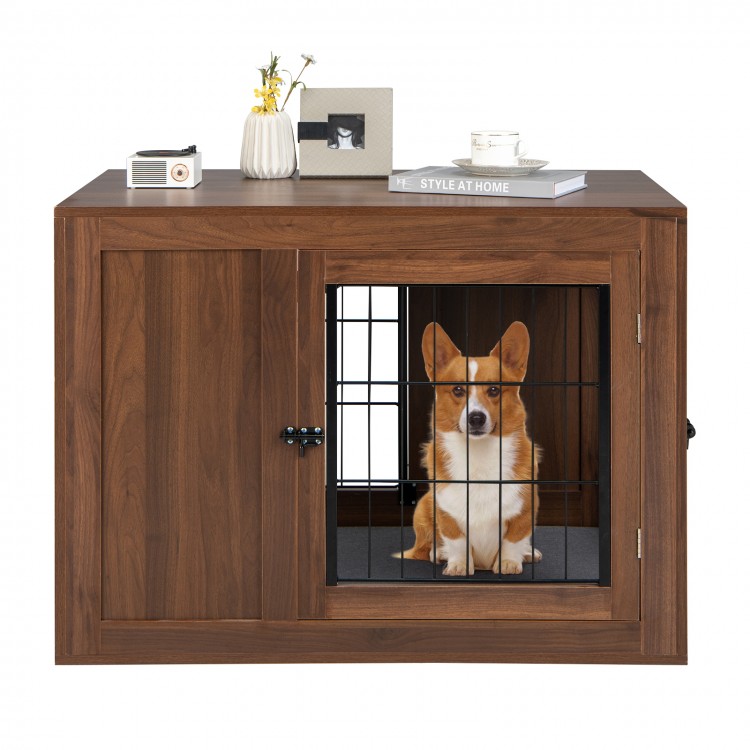 Furniture dog crate with cushion and double doors in walnut finish, featuring a corgi inside for practical use as a.