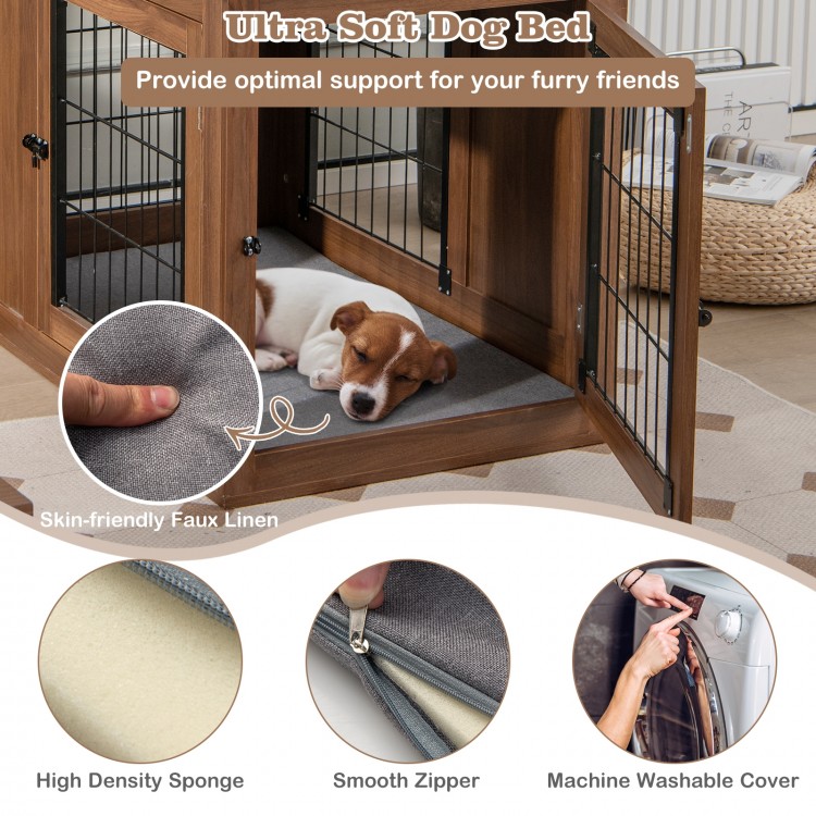 Furniture dog crate with cushion in walnut, featuring a machine washable cover and double doors for easy access.