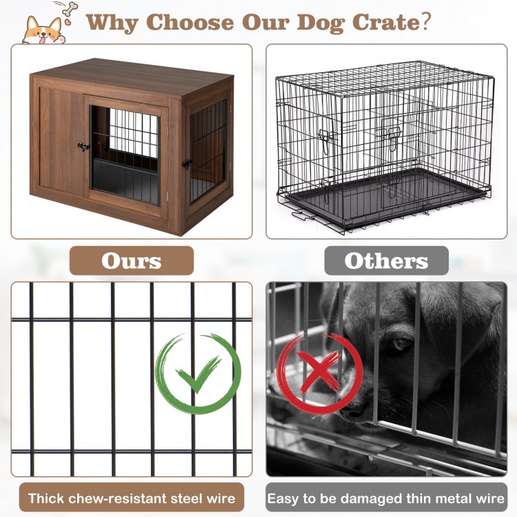 Furniture dog crate in walnut finish with double doors, chew-resistant steel wire, and comfortable sponge cushion.