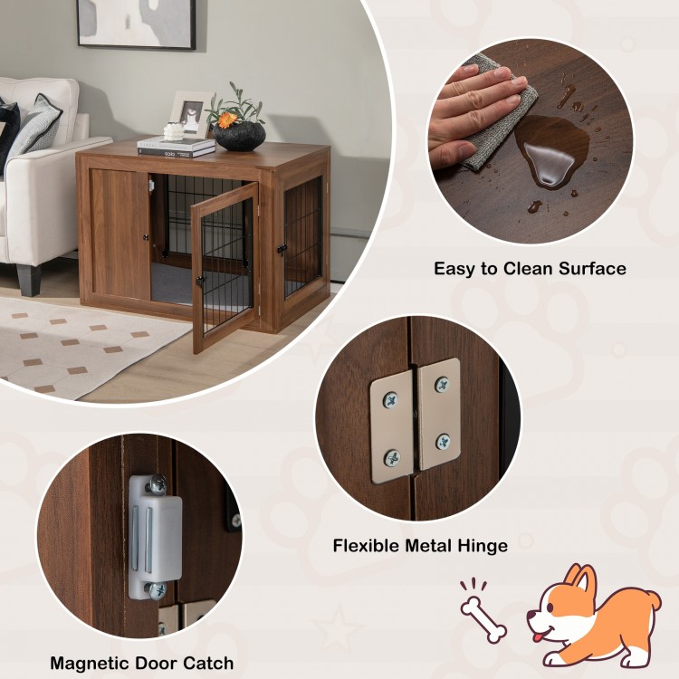 Furniture dog crate with double doors in walnut, featuring a cushioned bed and easy-to-clean surface for pet comfort.