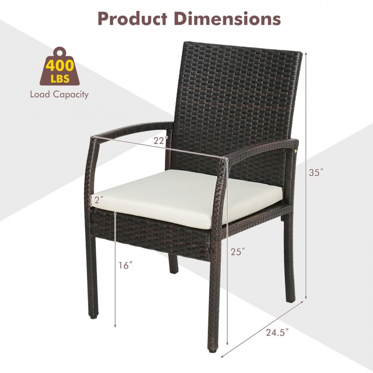 Cushioned dining chair with PE rattan, 400 lbs capacity, ergonomic design, dimensions 22"x16"x35" for patio use.