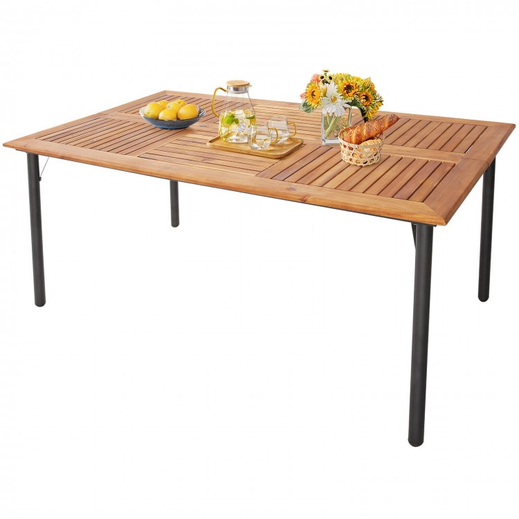 Acacia wood dining table with metal legs, featuring an umbrella hole, perfect for outdoor patio gatherings.