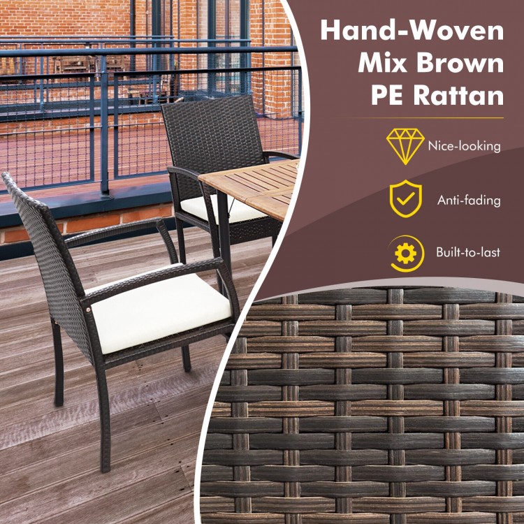 Hand-woven mix brown PE rattan dining chairs with soft cushions, designed for comfort and elegance in outdoor spaces.