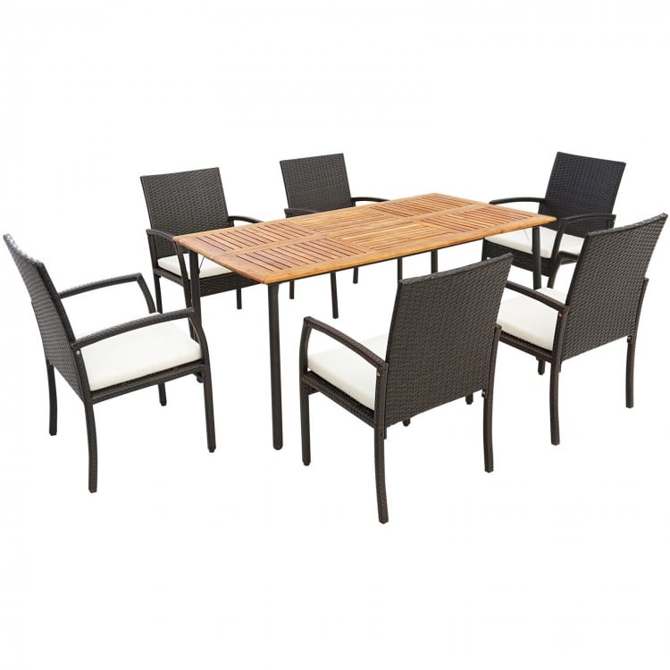 7-piece patio dining set featuring acacia wood tabletop and cushioned PE rattan chairs, ideal for outdoor dining.