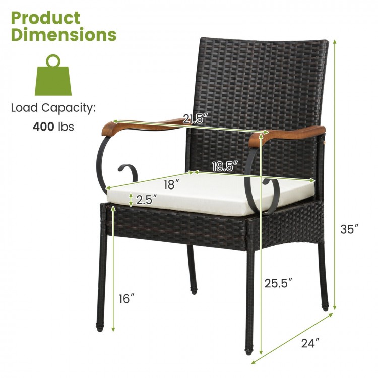 Patio dining chair with detachable cushion, made of PE rattan and acacia wood, designed for comfort and style.