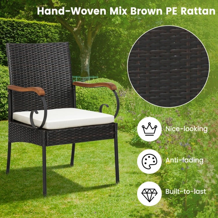 Hand-woven mix brown PE rattan chair with detachable cushion, ergonomic armrests, perfect for patio dining.
