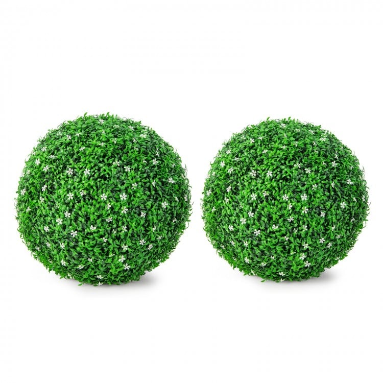 Two 19.5-inch faux boxwood topiary balls with vibrant green leaves and delicate white flowers, perfect for indoor or.