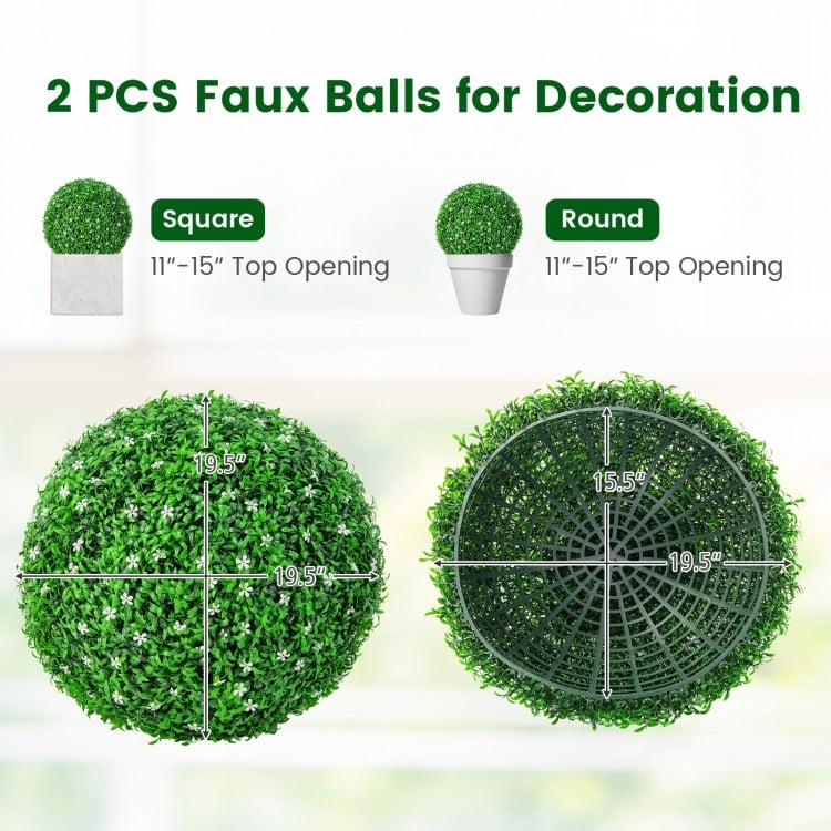 Two 19.5-inch faux boxwood topiary balls made of UV-proof PE material, perfect for indoor and outdoor decoration.