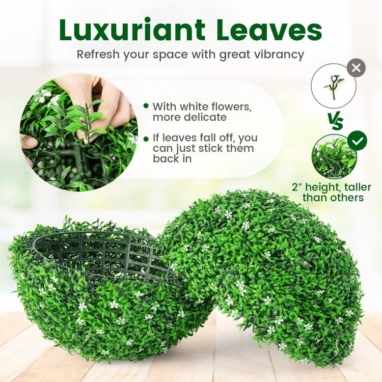 Luxuriant 19.5-inch faux boxwood topiary ball with delicate white flowers, perfect for indoor or outdoor decoration.