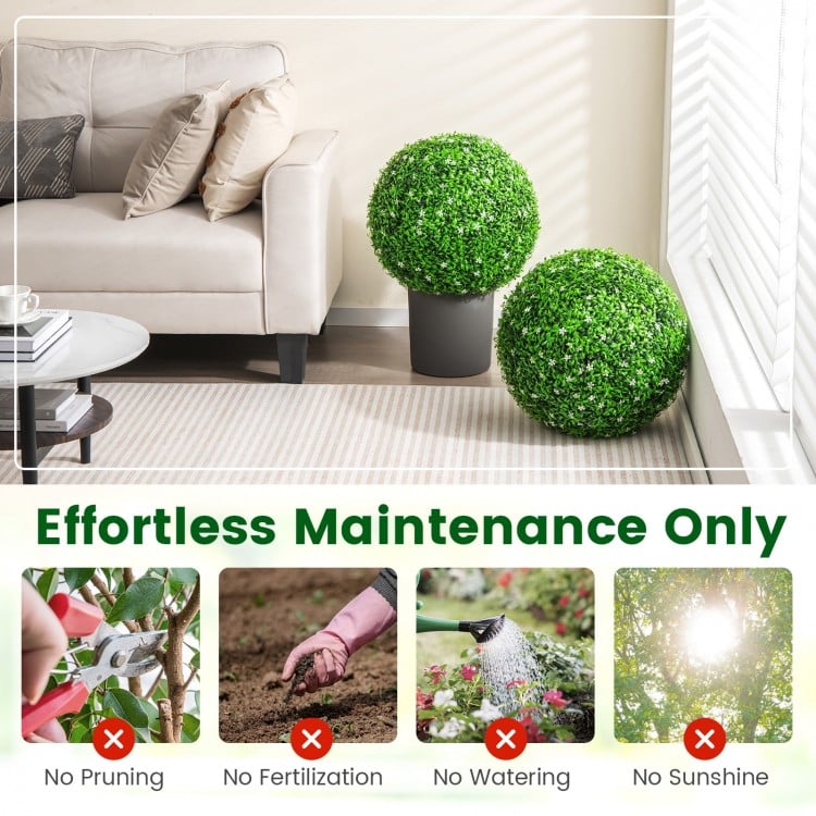 Two 19.5-inch faux boxwood topiary balls in a living room, perfect for effortless indoor decoration without maintenance.