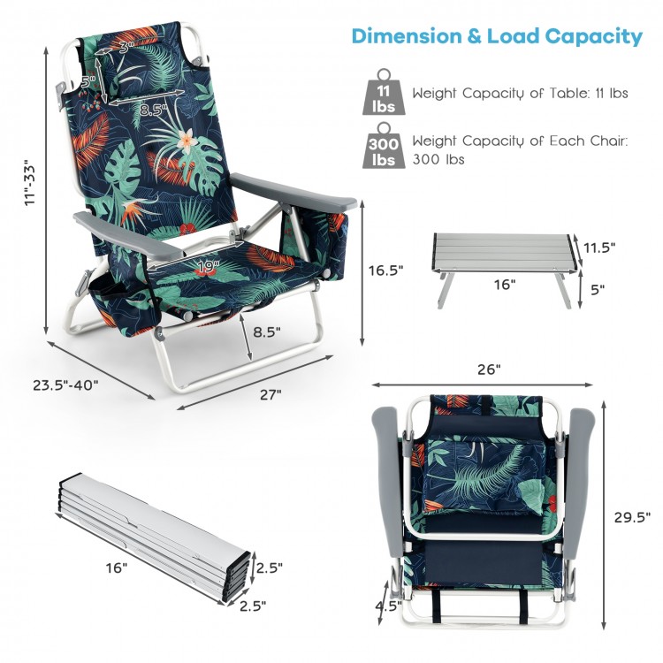 5-position outdoor folding beach chair set in green with aluminum frame, adjustable headrest, and cup holders for.