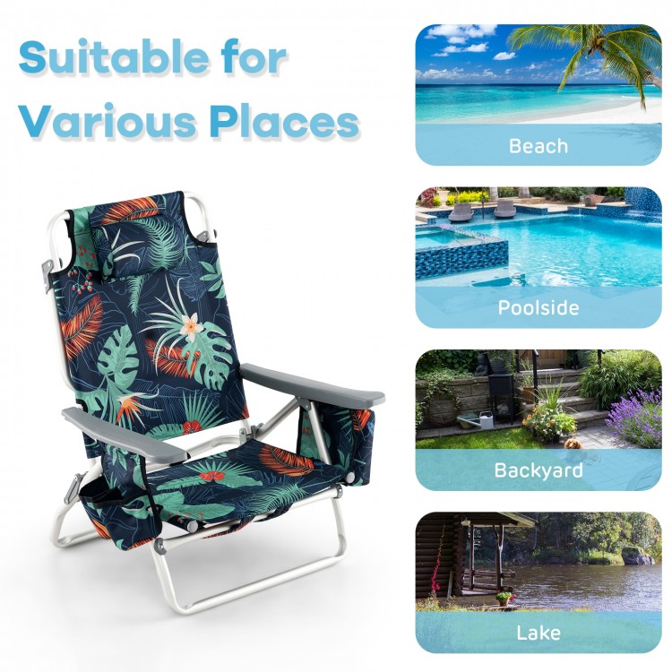 Folding backpack beach chair set in green with 5 adjustable positions, ideal for camping, fishing, and sunbathing.