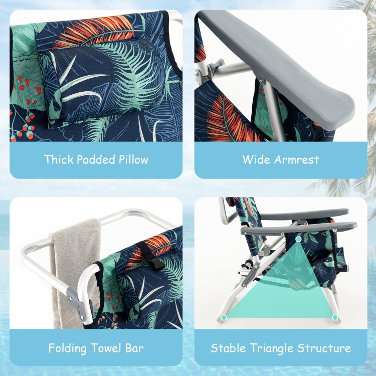 Thick padded pillow and wide armrest of the green reclining chair set for outdoor comfort and relaxation.