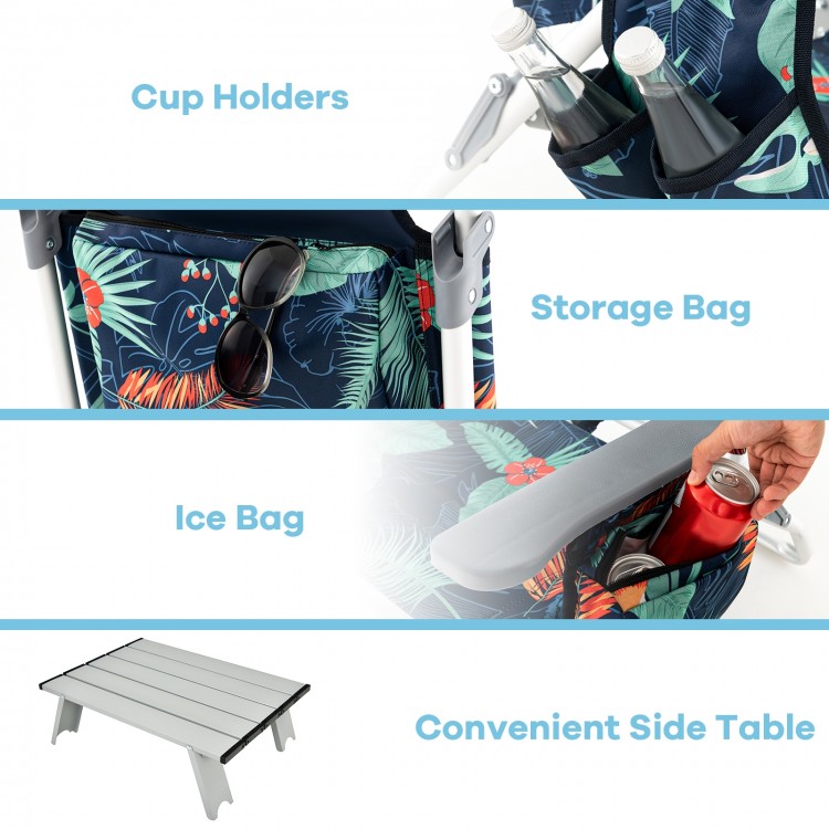 Folding beach chair set with cup holders, storage bag, and side table, perfect for outdoor relaxation and convenience.