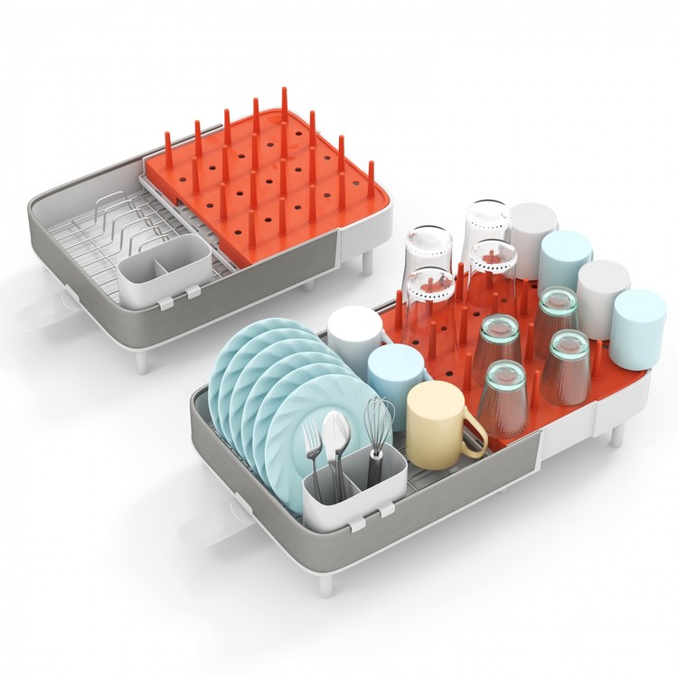 Expandable dish drying rack with detachable utensil holder, featuring stainless steel racks and auto-drain design for.