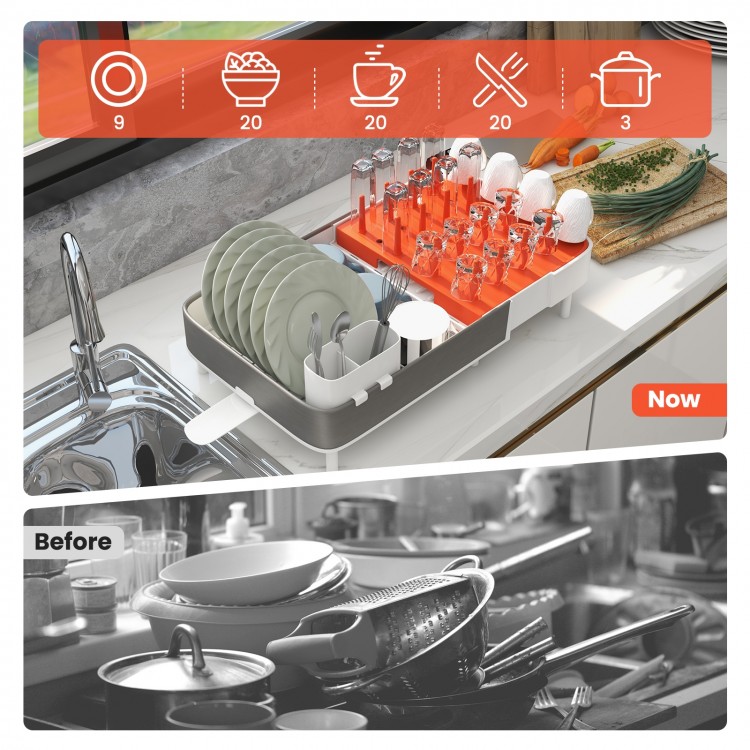 Expandable dish drying rack with detachable utensil holder, designed for efficient drying of plates, cups, and pots.
