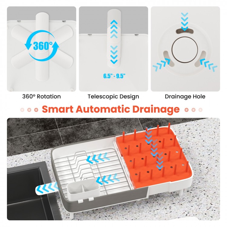 Expandable dish drying rack with adjustable design, 360° spout, and detachable utensil holder for versatile kitchen use.