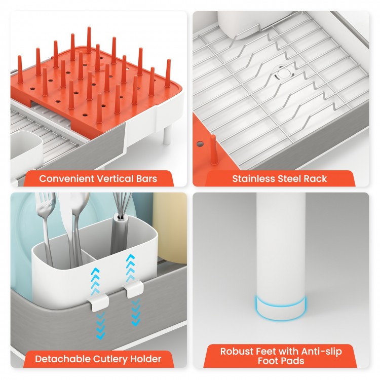 Detachable cutlery holder and stainless steel rack of the expandable dish drying rack for versatile kitchen use.