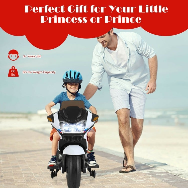 Kids ride-on motorcycle in white with LED lights, music, and training wheels for stability, suitable for ages 3 and up.