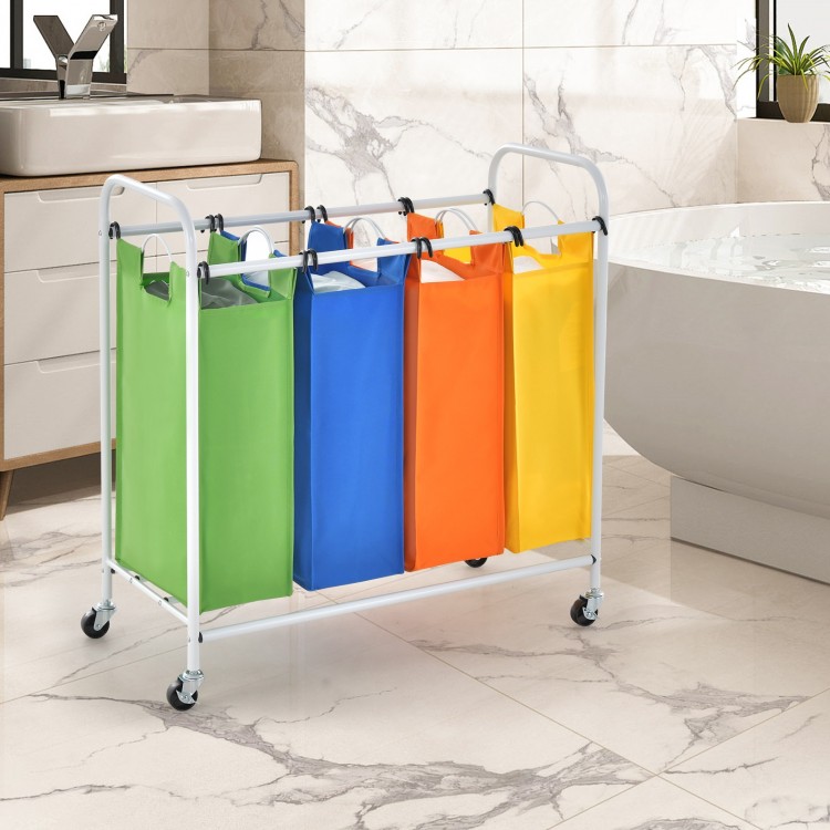 Four-section laundry sorter with colorful bags, 136L capacity, and a sturdy metal frame on lockable casters for easy.