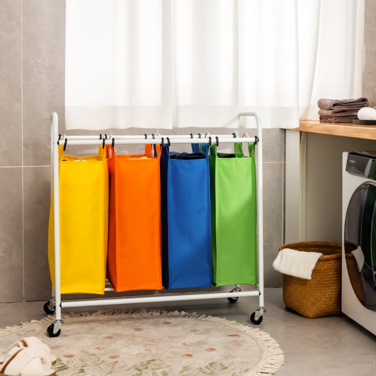 Four-section laundry sorter with colorful bags, 136L capacity, on a sturdy metal frame for easy clothes sorting.