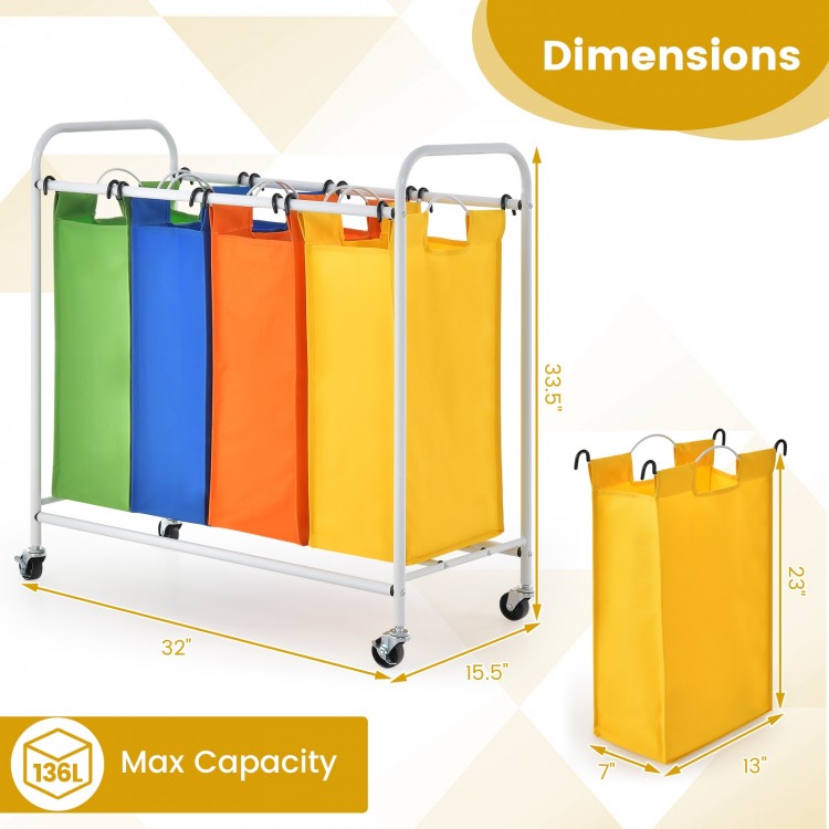 4-section laundry sorter with removable bags, 136L capacity, made of waterproof polyester, ideal for clothes sorting.