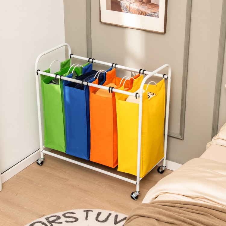 Four-section laundry sorter with colorful bags, robust metal frame, and lockable casters for easy clothes sorting.