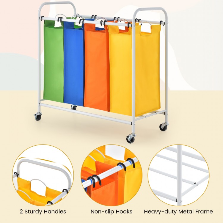 Four-section laundry sorter with colorful bags, sturdy handles, and a heavy-duty metal frame for efficient clothes.