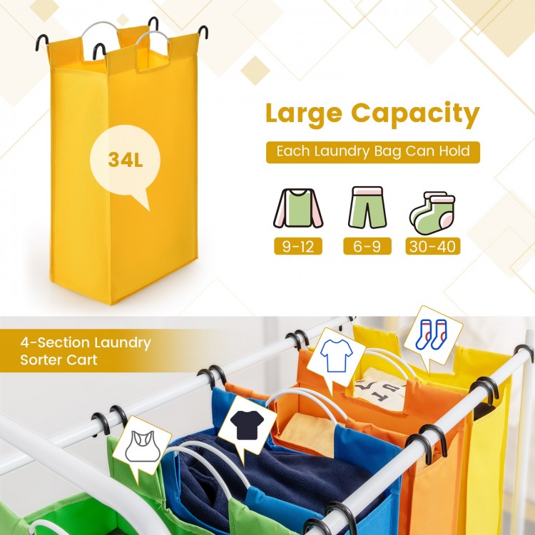 Large capacity 4-section laundry sorter with colorful bags, holding 9-12 shirts, made of durable 600D polyester.