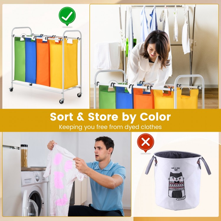 Four-section laundry sorter with colorful bags for easy sorting, featuring a durable metal frame and removable bags.