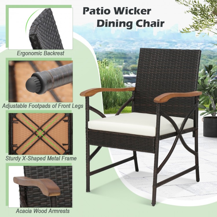 Patio wicker dining chair with ergonomic backrest, acacia wood armrests, and adjustable footpads for outdoor comfort.
