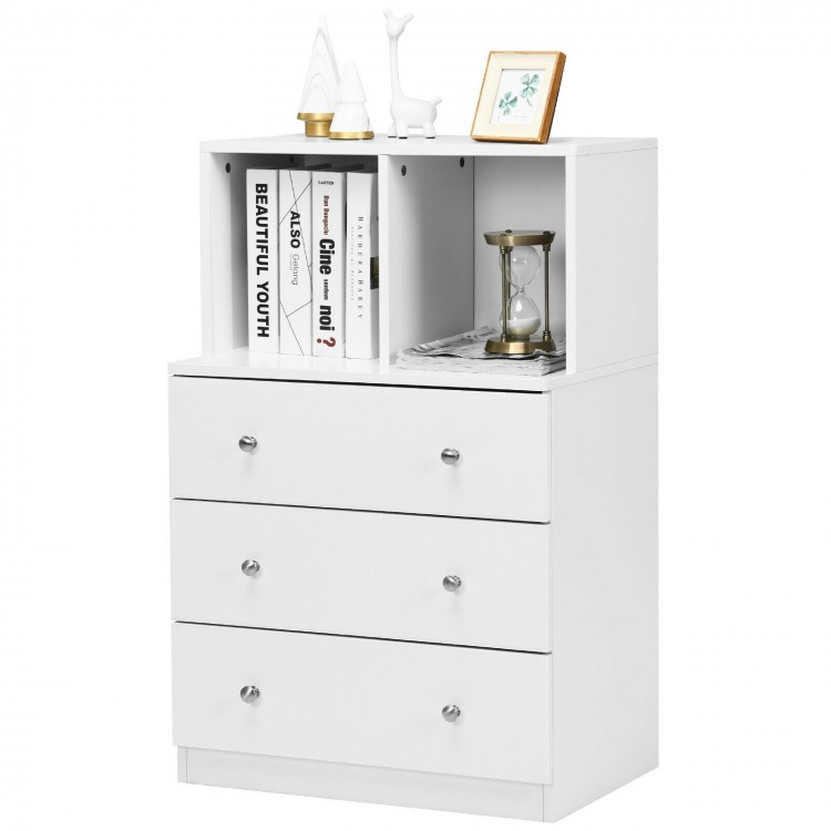 White 3 drawer dresser with cubbies, made of engineered wood, ideal for bedroom or living room storage.