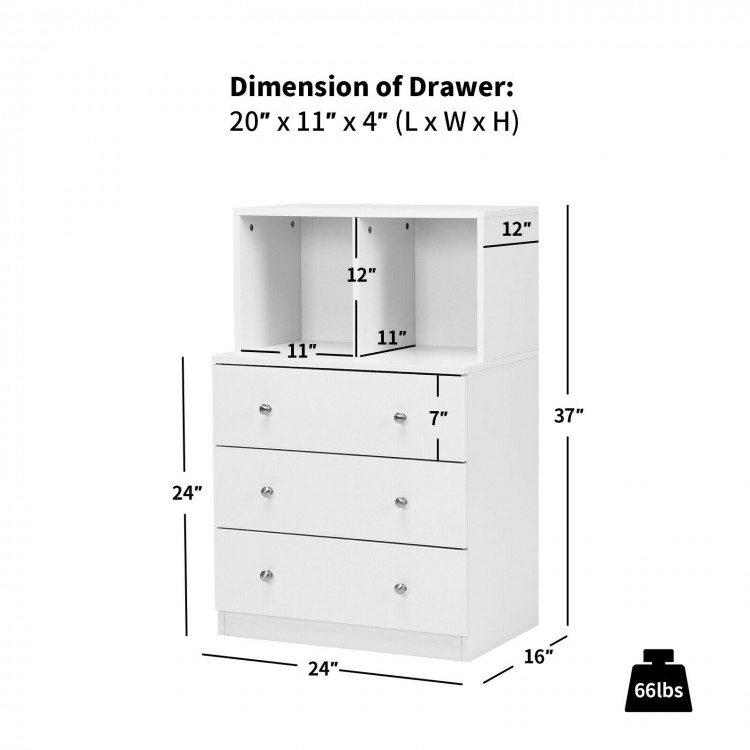 3 Drawer Dresser in white with 2 cubbies, dimensions 24" x 16" x 37", ideal for bedroom or living room storage.