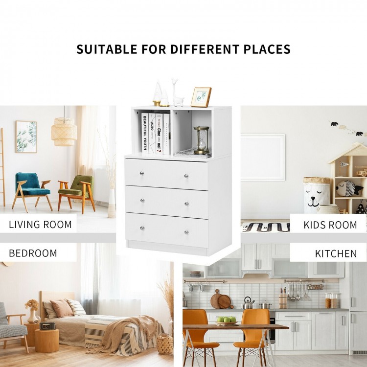 3 drawer dresser in white with cubbies, perfect for bedroom or living room storage and organization.