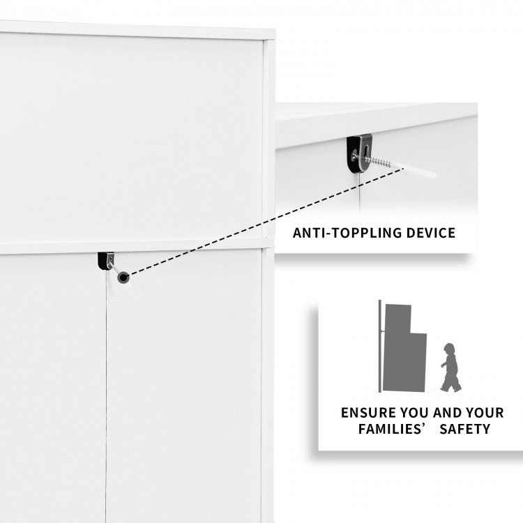Close-up of the anti-toppling device on a white 3 drawer dresser, ensuring safety for families and children.