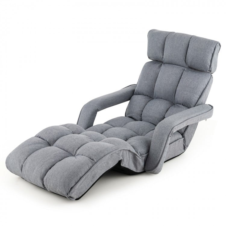 Gray 6-position adjustable floor chair with armrests and footrest, perfect for relaxation in living rooms or bedrooms.