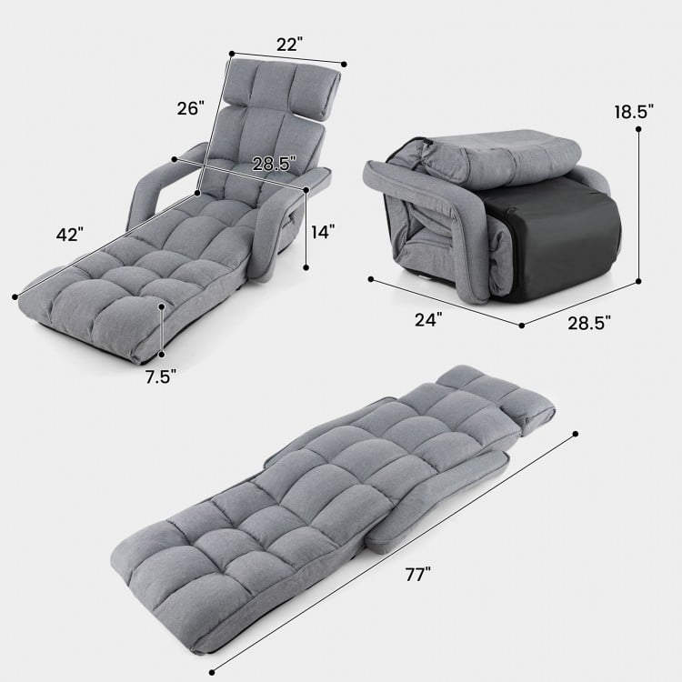 Adjustable gray floor chair with 6-position backrest and 8-position footrest, perfect for living rooms or guest rooms.